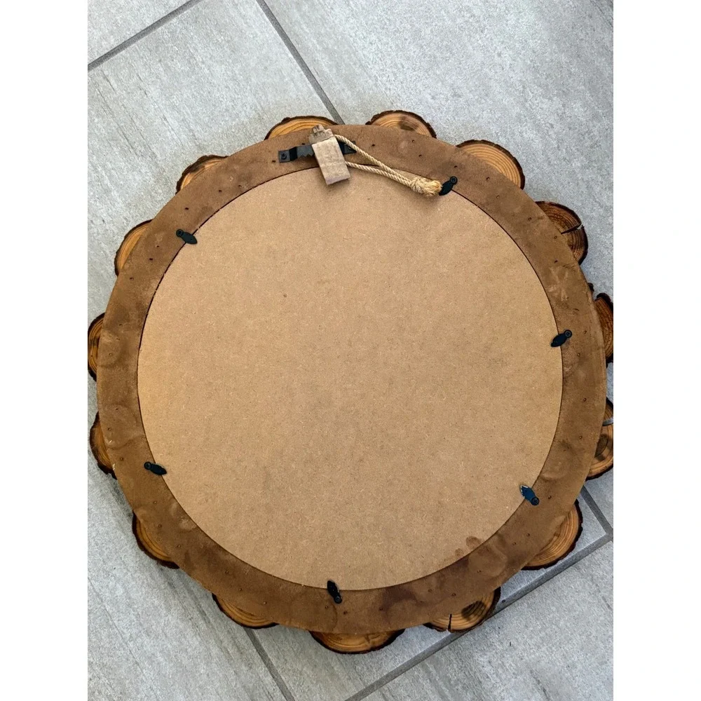 Vtg Rustic Round Wall Mirror Natural Wood Log Slice Frame Tree Ring Cabin Decor